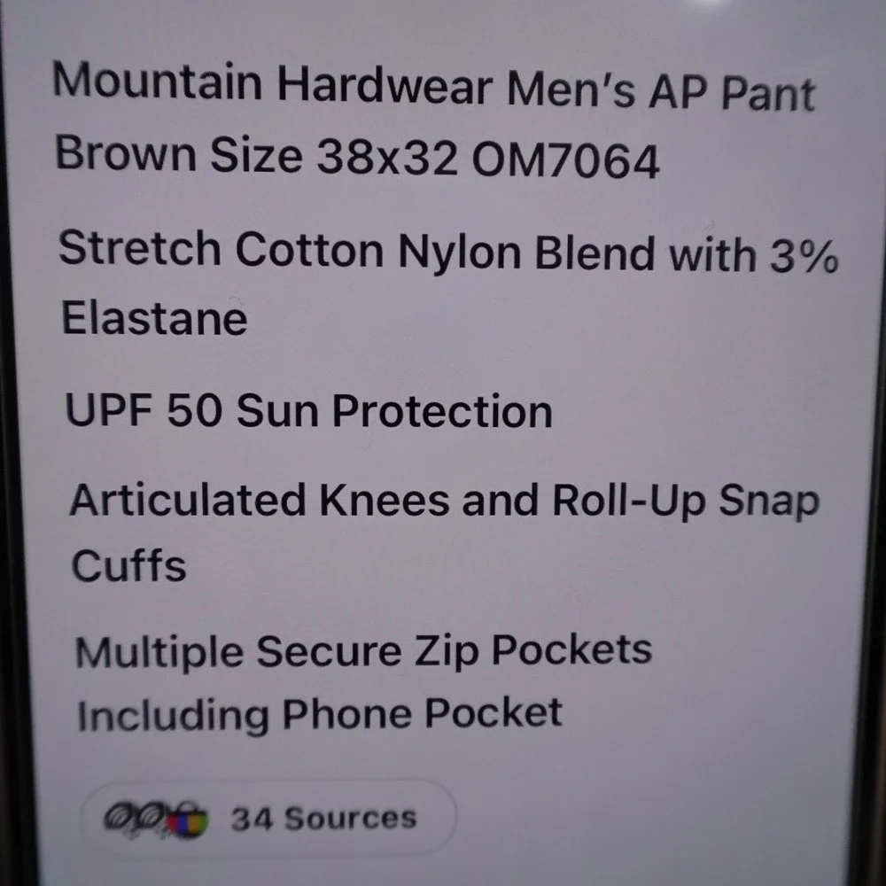 Mountain Hardwear Pants Mens 38x32 Brown AP Pant Hiking Stretch Zip Pocket